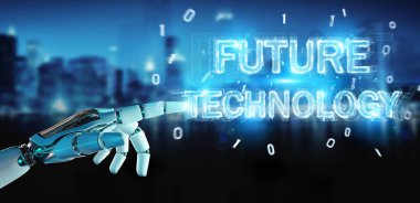 Beyaz robot el geleceğin teknolojisi metin hologram 3B oluşturmayı kullanarak arka plan bulanık üzerinde