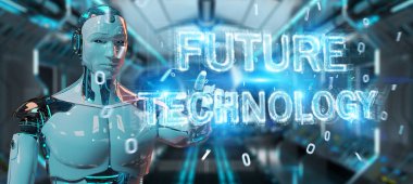 Geleceğin teknolojisi metin hologram 3B oluşturmayı kullanarak arka plan bulanık beyaz robot