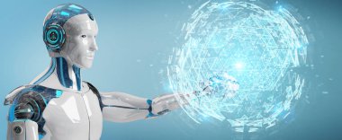 Dijital üçgen küre hologram 3d render patlayan kullanarak arka plan bulanık beyaz robot