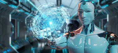 Dijital üçgen küre hologram 3d render patlayan kullanarak arka plan bulanık beyaz robot