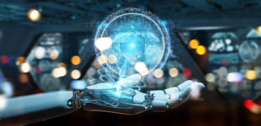 Beyaz robot el dijital küre bağlantısı hologram 3B oluşturmayı kullanarak arka plan bulanık üzerinde