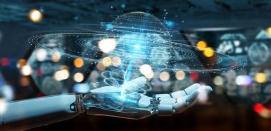 Beyaz robot el dijital küre bağlantısı hologram 3B oluşturmayı kullanarak arka plan bulanık üzerinde