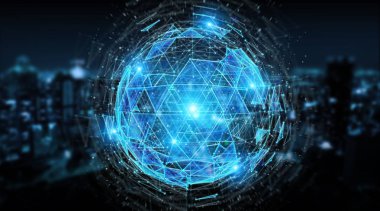 Dijital üçgen patlayan küre mavi şehir arka plan 3d render hologram