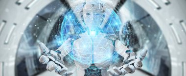 Dijital küre bağlantısı hologram 3B oluşturmayı kullanarak arka plan bulanık beyaz robot kadına