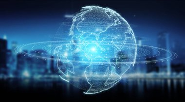 Ağ hologram Amerika ABD harita üzerinde mavi şehir arka plan 3d render ile Küre