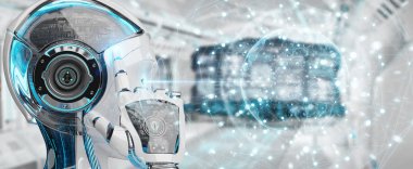 Dijital ekran arabirimi 3d rendering kullanarak arka plan bulanık beyaz kadın robot