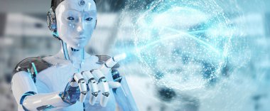 Beyaz kadın insanımsı dijital küresel ağ 3B oluşturmayı kullanarak arka plan bulanık üzerinde