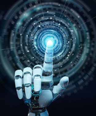 Beyaz insansı el dijital küresel ağ 3B oluşturmayı kullanarak arka plan bulanık üzerinde