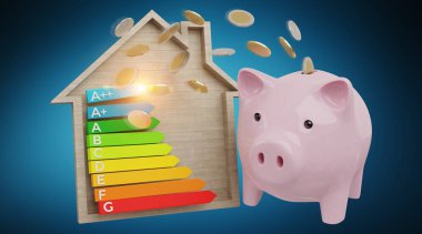 Enerji grafik rating ve kumbara illüstrasyon mavi arka plan 3d render