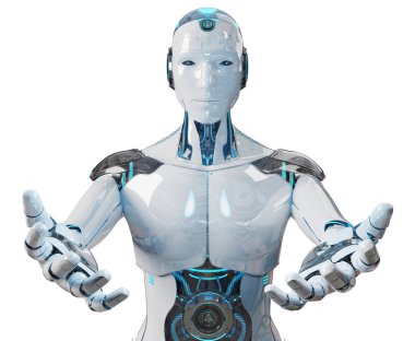 Beyaz erkek cyborg beyaz zemin üzerine 3d render izole onun iki eli açma