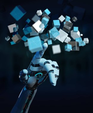 Beyaz cyborg el bulanık arka plan mavi dijital küp yapısını 3d işleme kullanarak