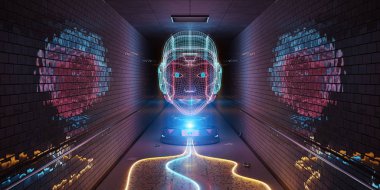 Mavi turuncu ve pembe cyborg hologram bir metro iç 3d render tarassut