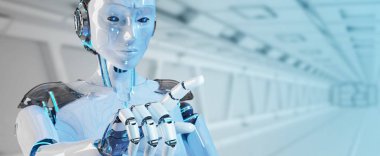 Beyaz kadın robot uzay arka plan 3d render onun parmak işaret