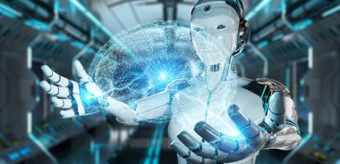 Yapay zeka 3d render oluşturma bulanık arka plan üzerinde beyaz adam insanımsı