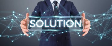 İşadamı çözüm dijital metin 3d rendering kullanarak arka plan bulanık üzerinde