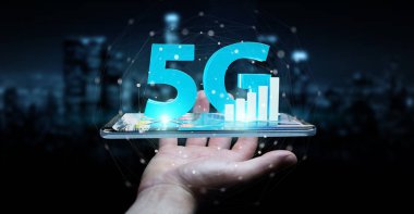 İşadamı 5 g ağ istimal hareket eden telefon 3d render ile arka plan bulanık üzerinde