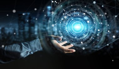 Dijital Ağ Bağlantısı arabirimi 3d rendering kullanarak arka plan bulanık üzerinde işadamı