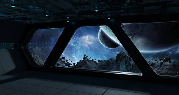 Spaceship futuristic interior with view on exoplanet 3D rendering elements of this image furnished by NASA