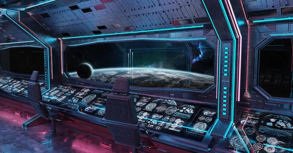 Grunge Spaceship Intérieur Bleu Rose Avec Vue Sur Planète Terre — Photo
