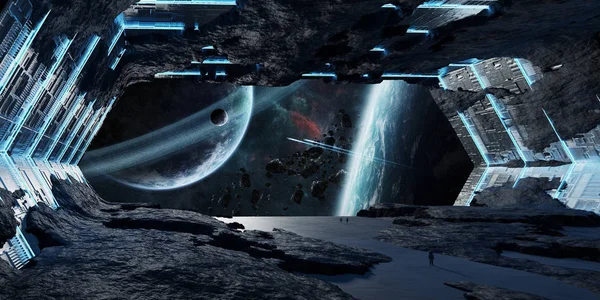 Nasa から提供されたこのイメージの巨大な青みを帯びた小惑星宇宙船インテリア レンダリング要素 — ストック写真