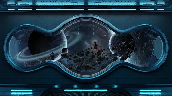 Black tech spaceship round window interior with view on distant planets system 3D rendering elements of this image furnished by NASA