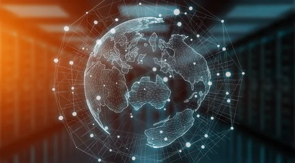 连接系统球体全球世界观在服务器背景3D — 图库照片