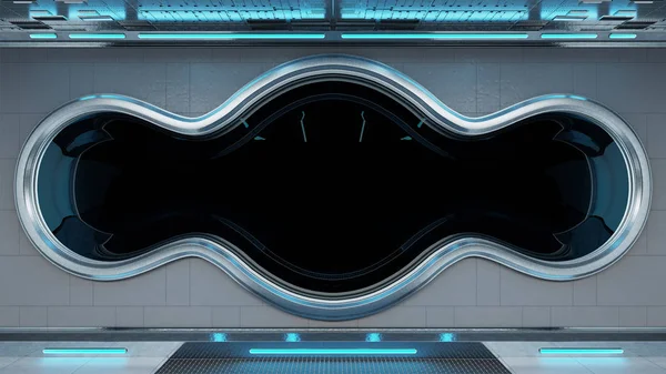 白色技术宇宙飞船圆形窗口内部黑色背景3D — 图库照片