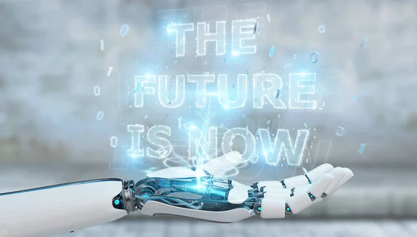 Λευκό Cyborg Χέρι Θολή Φόντο Χρησιμοποιώντας Κείμενο Μελλοντική Απόφαση Απόδοσης — Φωτογραφία Αρχείου