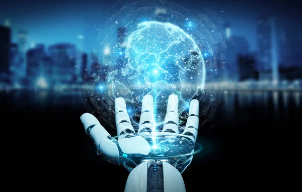 Weiße Roboterhand Auf Verschwommenem Hintergrund Mit Globus Netzwerk Hologramm Mit — Stockfoto