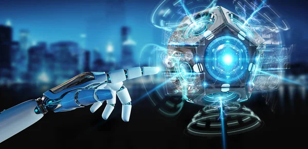 Beyaz insansı el dron güvenlik kamera 3B oluşturmayı kullanarak arka plan bulanık üzerinde