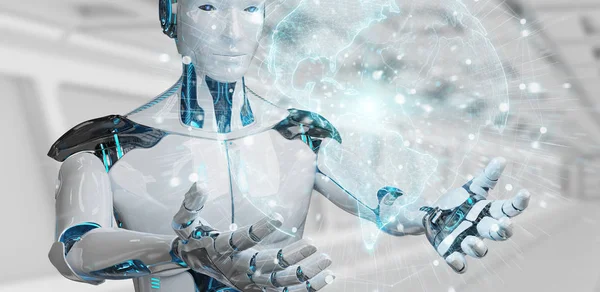 Biały Człowiek Cyborg Niewyraźne Tło Pomocą Planet Earth Interfejs Renderowania — Zdjęcie stockowe