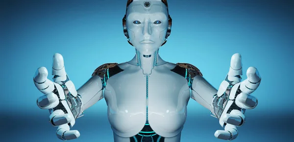 Donna Bianca Cyborg Aprendo Sue Due Mani Isolate Sfondo Blu — Foto Stock