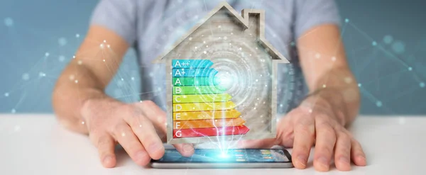 Empresário Fundo Desfocado Usando Gráfico Classificação Energia Renderização Uma Casa — Fotografia de Stock