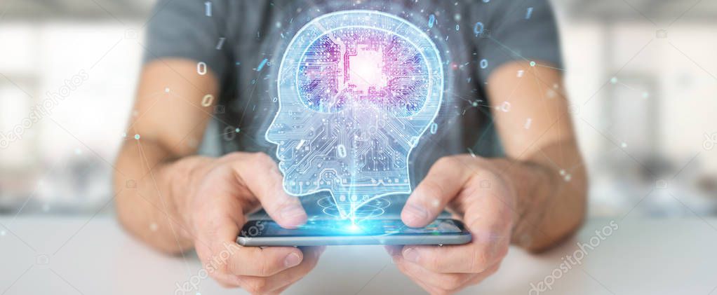 Businessman creating artificial intelligence with mobile phone 3D rendering