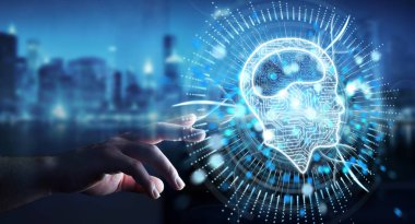 İşadamı dijital yapay zeka simgesi hologram 3B oluşturmayı kullanarak arka plan bulanık üzerinde