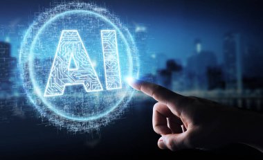 İşadamı dijital yapay zeka simgesi hologram 3B oluşturmayı kullanarak arka plan bulanık üzerinde