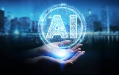 İşkadını dijital yapay zeka simgesi hologram 3B oluşturmayı kullanarak arka plan bulanık üzerinde