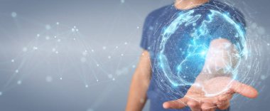 İşadamı üzerinde küre ağ hologram Avrupa ile harita 3B oluşturmayı kullanarak arka plan bulanık