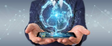 İşadamı üzerinde küre ağ hologram Avrupa ile harita 3B oluşturmayı kullanarak arka plan bulanık