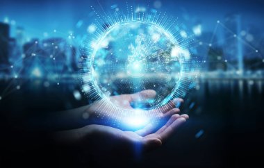 İşkadını üzerinde küre ağ hologram Avrupa ile harita 3B oluşturmayı kullanarak arka plan bulanık