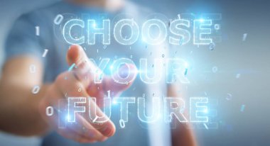 İşadamı gelecek metin arabirimi 3d rendering kullanarak arka plan bulanık üzerinde