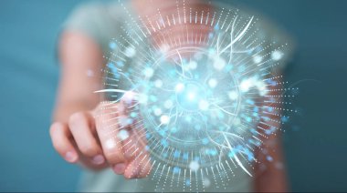 İşkadını dijital göz gözetim hologram 3B oluşturmayı kullanarak arka plan bulanık üzerinde