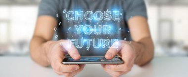 İşadamı gelecek metin arabirimi 3d rendering kullanarak arka plan bulanık üzerinde