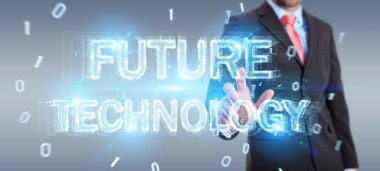 Geleceğin teknolojisi metin arabirimi 3d rendering kullanarak arka plan bulanık üzerinde işadamı