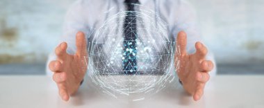 İşadamı dijital üçgen küre hologram 3d render patlayan kullanarak arka plan bulanık üzerinde