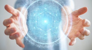 İşadamı dijital küre bağlantısı hologram 3B oluşturmayı kullanarak arka plan bulanık üzerinde