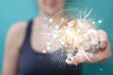 İşkadını bağlantıları ile bir lighbulb onun el 3d render holding arka plan bulanık üzerinde