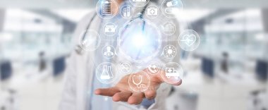 Dijital tıbbi futuristik bir arayüze 3B oluşturmayı kullanarak arka plan bulanık doktor