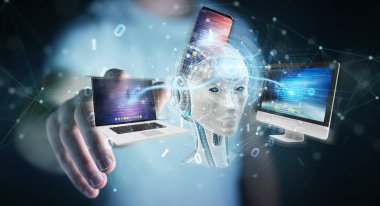 İşadamı üzerinde beyaz insanımsı modern cihazlarla 3d render kontrol kullanarak arka plan bulanık