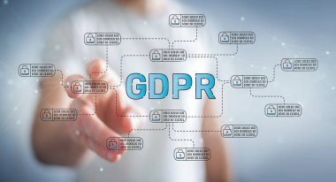 Onun veri Gdpr hukuk arabirimi ile koruma arka plan bulanık üzerinde işadamı